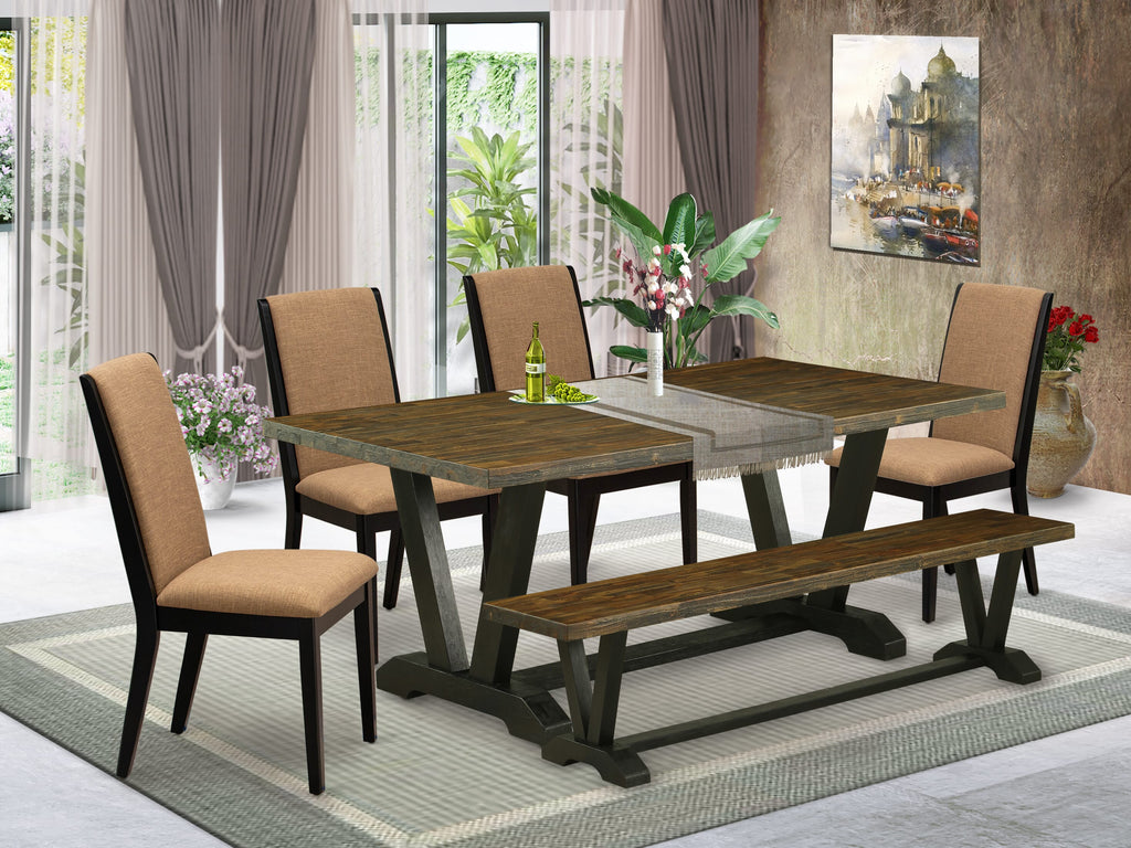 Dining Set V677LIXPZ-5 6 Pieces with Rectangular Table, 4 Linen Parsons Chairs & Bench, Multi-Color