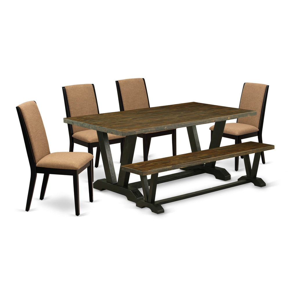 Dining Set V677LIXPZ-5 6 Pieces with Rectangular Table, 4 Linen Parsons Chairs & Bench, Multi-Color