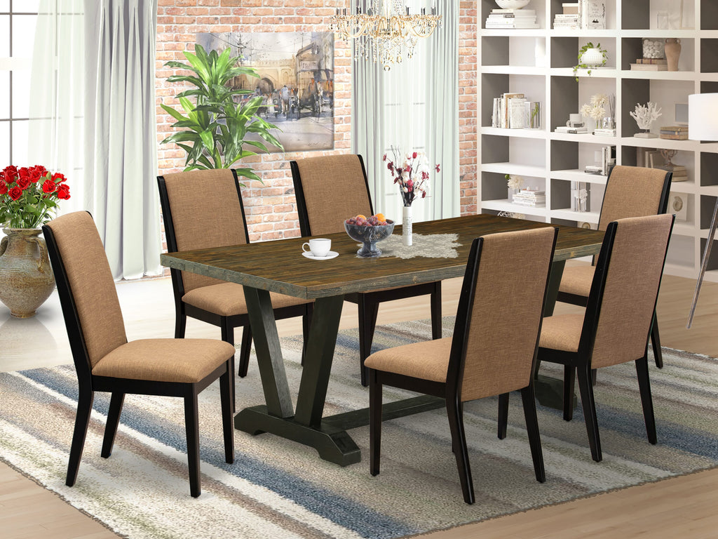 V677L1OSK-4 Elegant 7-Piece Dining Set with Rectangular V-Leg Table & 6 Light Sable Chairs