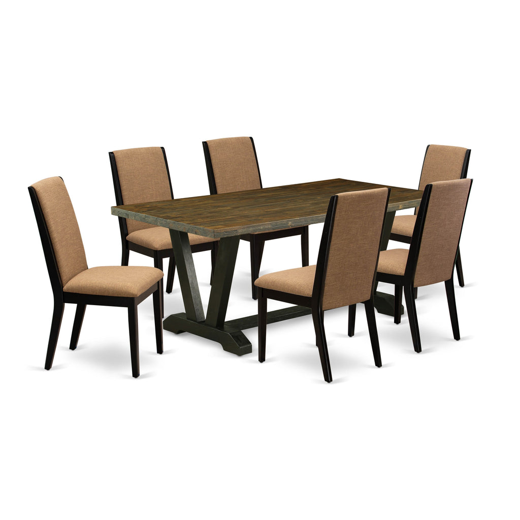 V677L1OSK-4 Elegant 7-Piece Dining Set with Rectangular V-Leg Table & 6 Light Sable Chairs