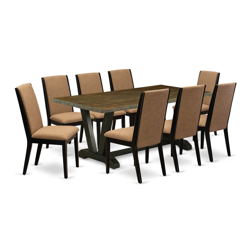 V677LX8OK-V Elegant 9-Piece Dining Set with V-Legs Table & 8 Linen Upholstered Chairs, 40x72 Multicolor