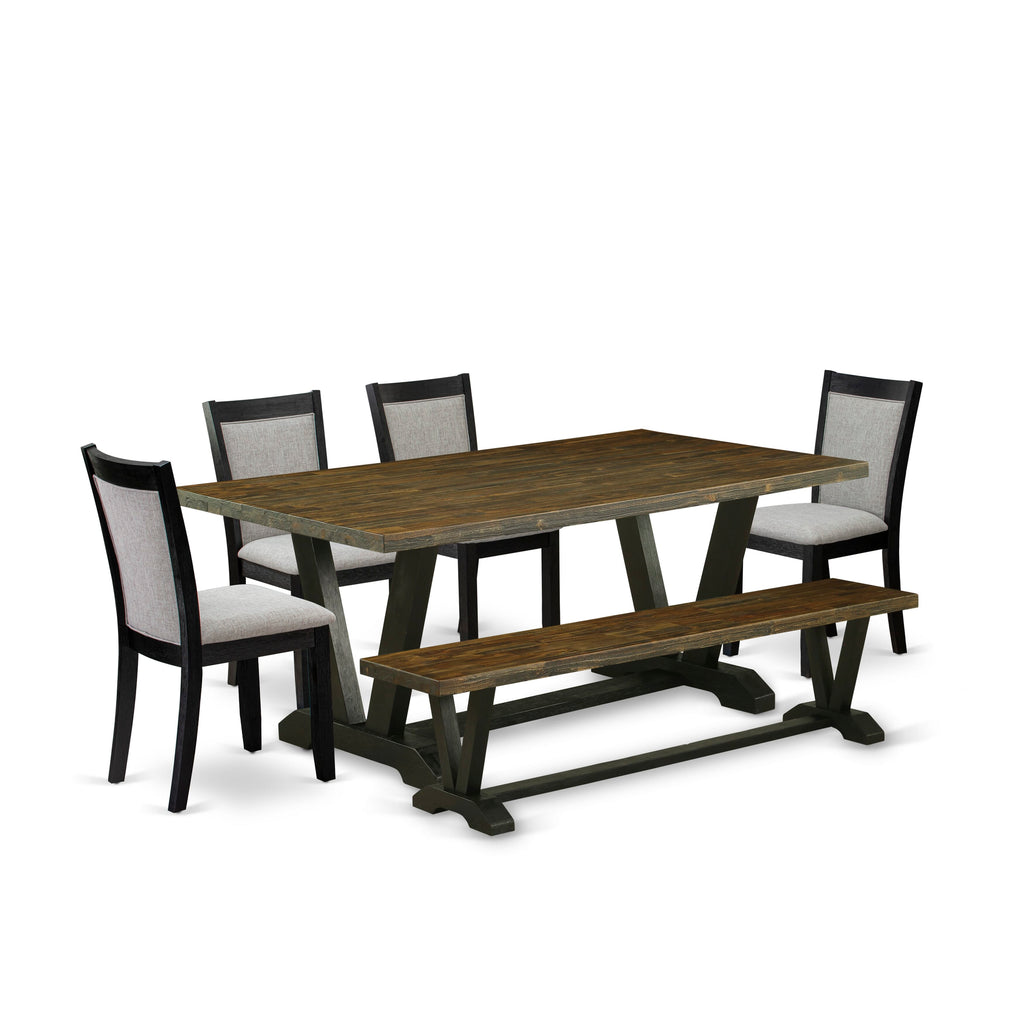 V677MWZV9-N 6 Piece Dining Ensemble Rectangular Table with V-Shaped Legs, 4 Shitake Linen Chairs & Bench