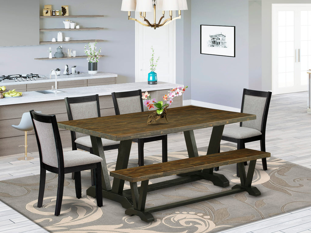 V677MWZV9-N 6 Piece Dining Ensemble Rectangular Table with V-Shaped Legs, 4 Shitake Linen Chairs & Bench