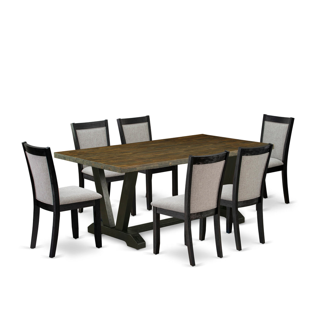 V677MOT5I-T 7-Piece Elegant Dining Set with V-Legged Rectangular Table and Shitake Linen Chairs, Multi-Color