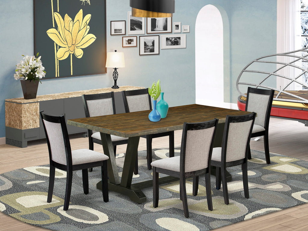 V677MOT5I-T 7-Piece Elegant Dining Set with V-Legged Rectangular Table and Shitake Linen Chairs, Multi-Color