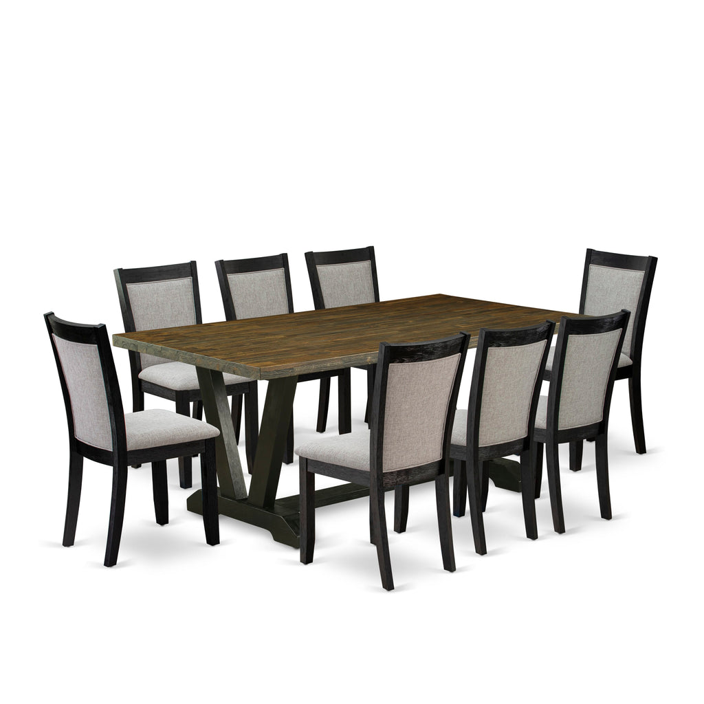 V677MKQQH-C 9-Piece Dining Ensemble with V-Leg Rectangle Table & Shitake Parsons Chairs, Multi-Color Elegance