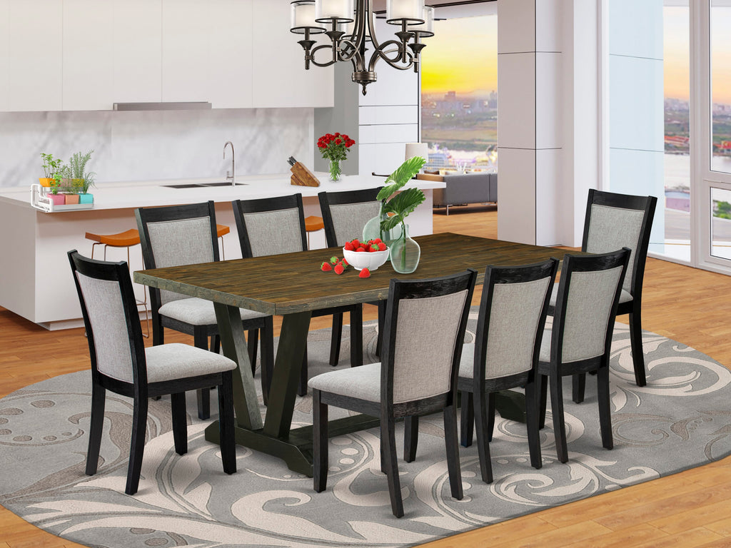 V677MKQQH-C 9-Piece Dining Ensemble with V-Leg Rectangle Table & Shitake Parsons Chairs, Multi-Color Elegance