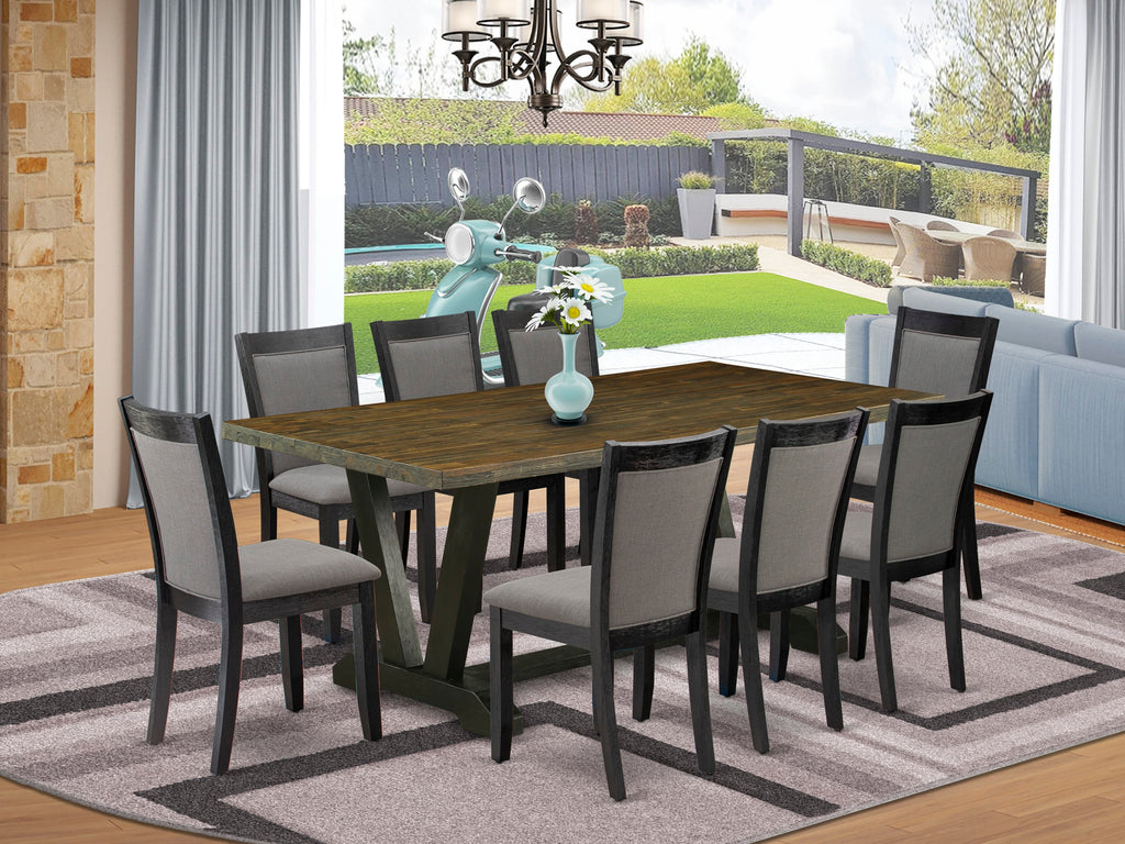 V677M29DM-X Deluxe 9-Piece Dining Ensemble with V-Shaped Table & 8 Gotham Grey Fabric Chairs - 40x72 Tabletop, Multicolor Design
