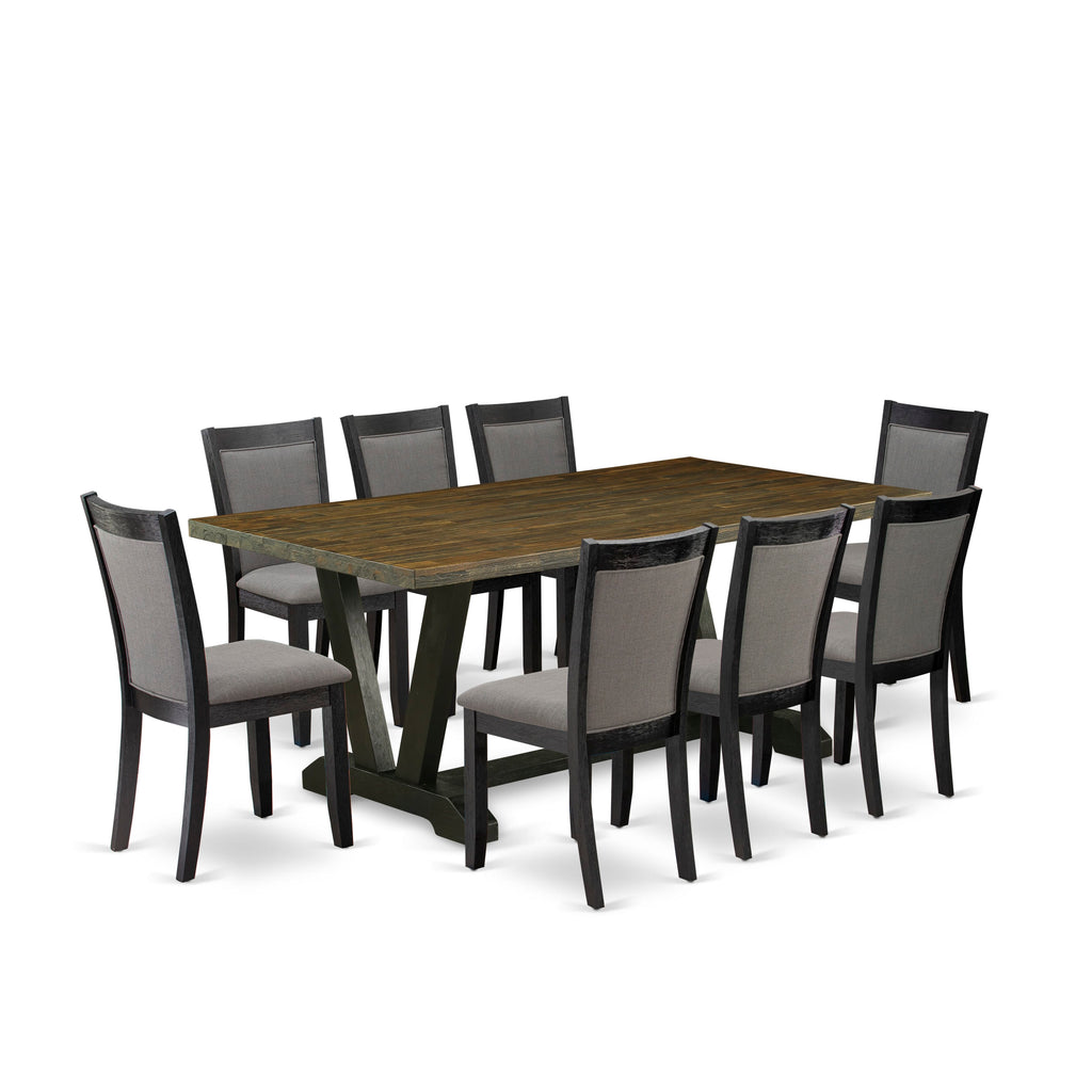 V677M29DM-X Deluxe 9-Piece Dining Ensemble with V-Shaped Table & 8 Gotham Grey Fabric Chairs - 40x72 Tabletop, Multicolor Design