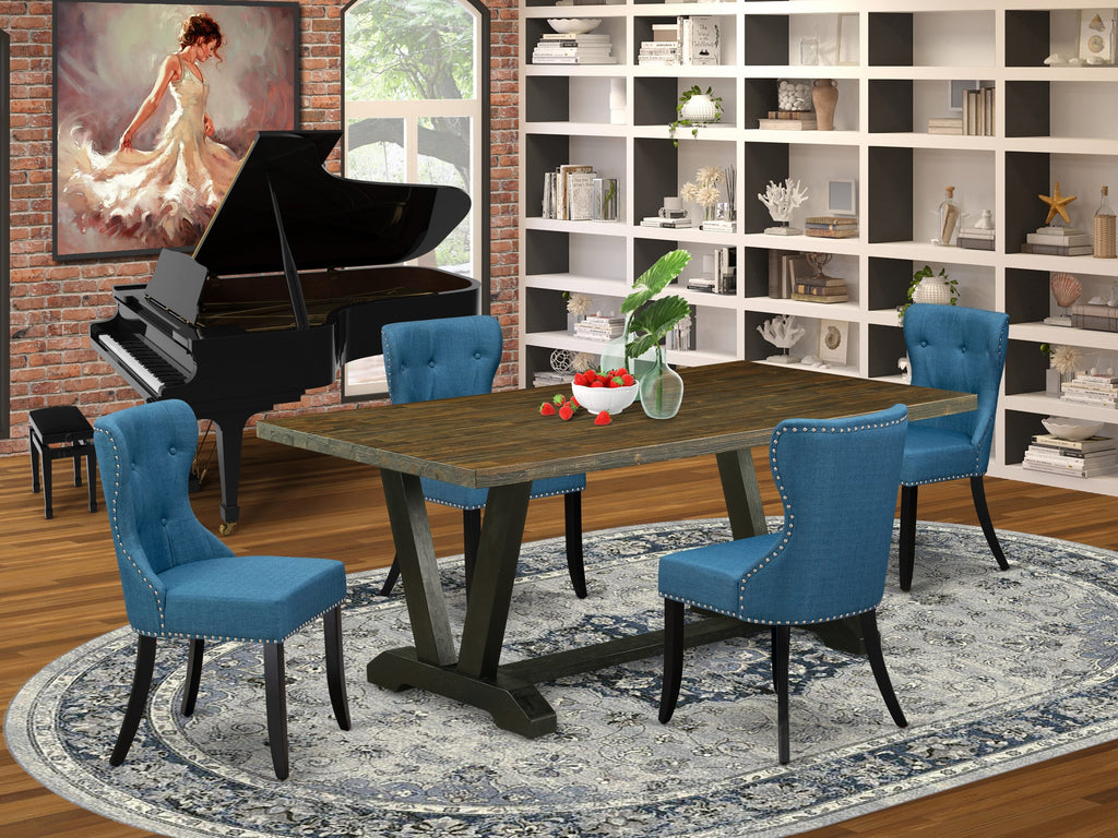 V677S4ELL-6 Elegant 6-Piece Dining Ensemble with Unique V-Leg Table and Blue Linen Chairs, 40x72 Multi-Color Finishes