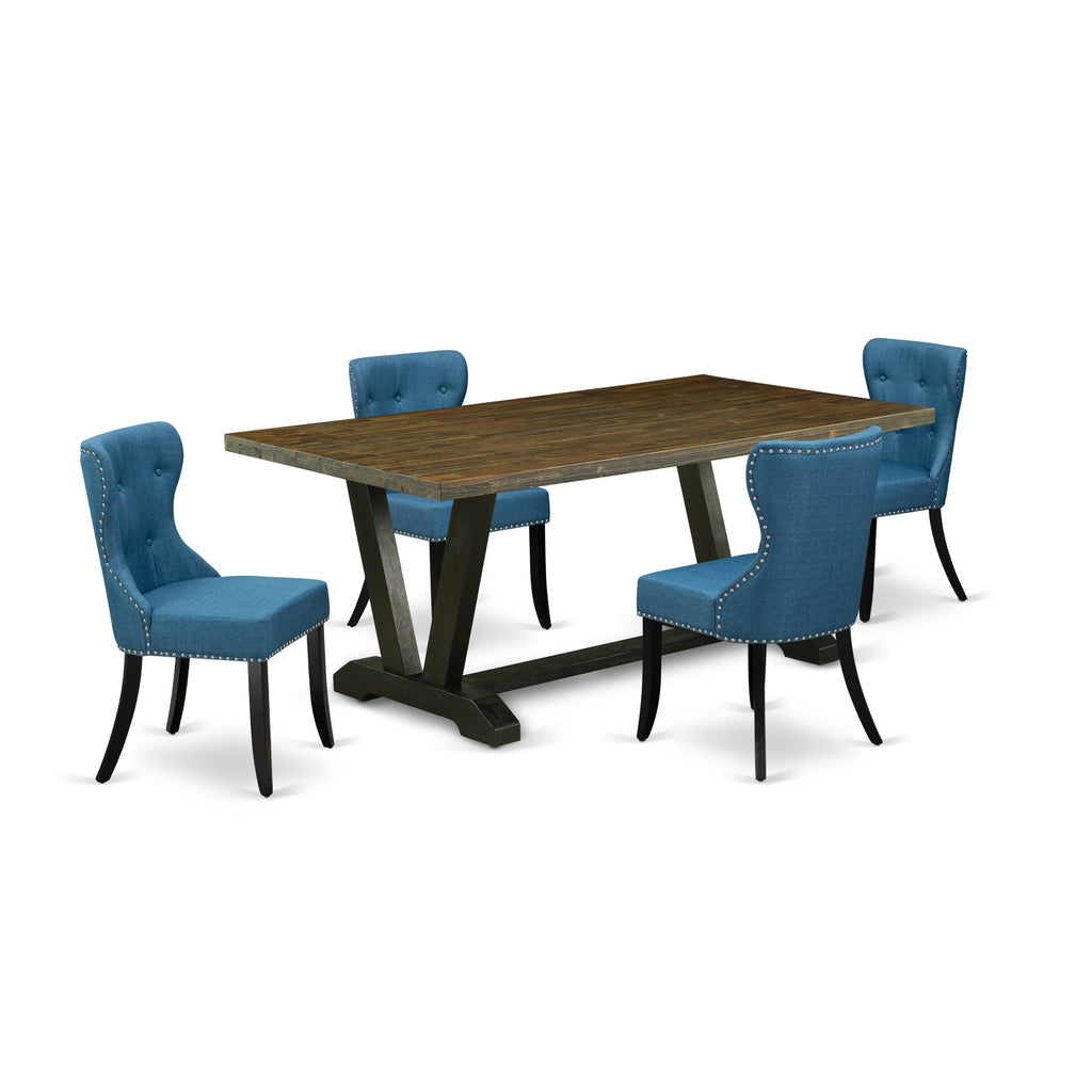 V677S4ELL-6 Elegant 6-Piece Dining Ensemble with Unique V-Leg Table and Blue Linen Chairs, 40x72 Multi-Color Finishes
