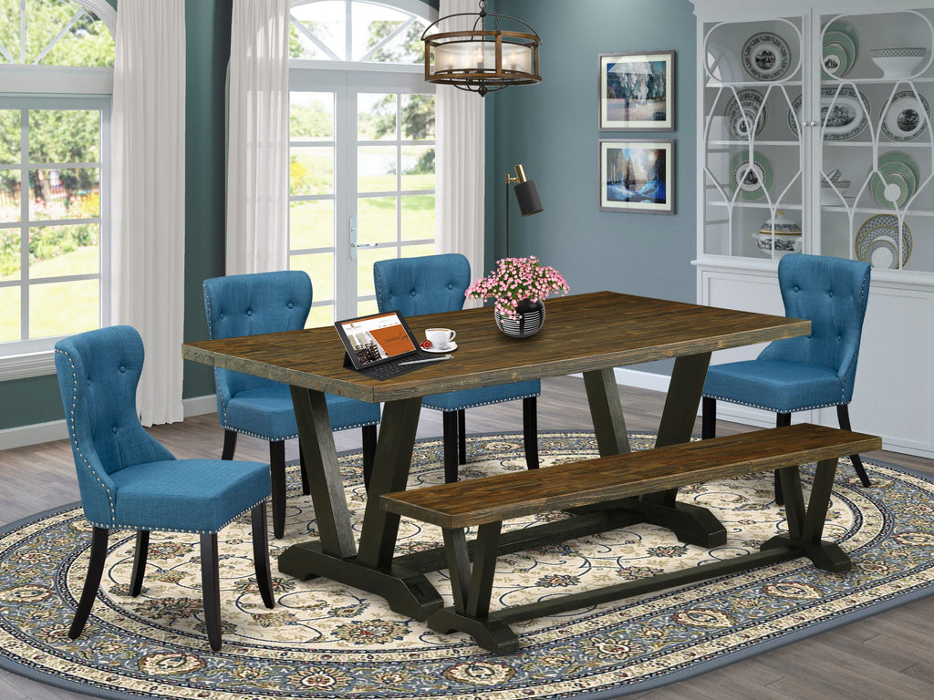 V677S5VQ0-3 Six-Piece Dining Set with Rectangular Wood Table, Blue Upholstered Chairs, and Bench - 40x72 Multi Shade Ensemble