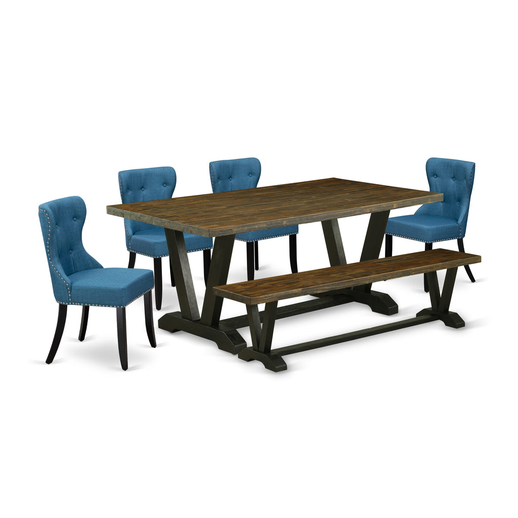 V677S5VQ0-3 Six-Piece Dining Set with Rectangular Wood Table, Blue Upholstered Chairs, and Bench - 40x72 Multi Shade Ensemble