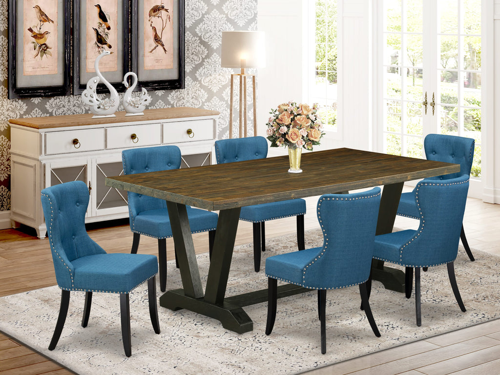 Sophisticated V677SV2BT-W 7-Piece Set with V-Leg Table and Plush Blue Linen Chairs, 40x72, Multicolor Marvel