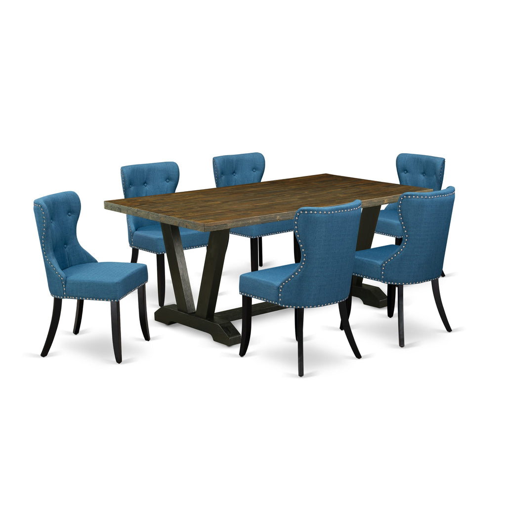Sophisticated V677SV2BT-W 7-Piece Set with V-Leg Table and Plush Blue Linen Chairs, 40x72, Multicolor Marvel