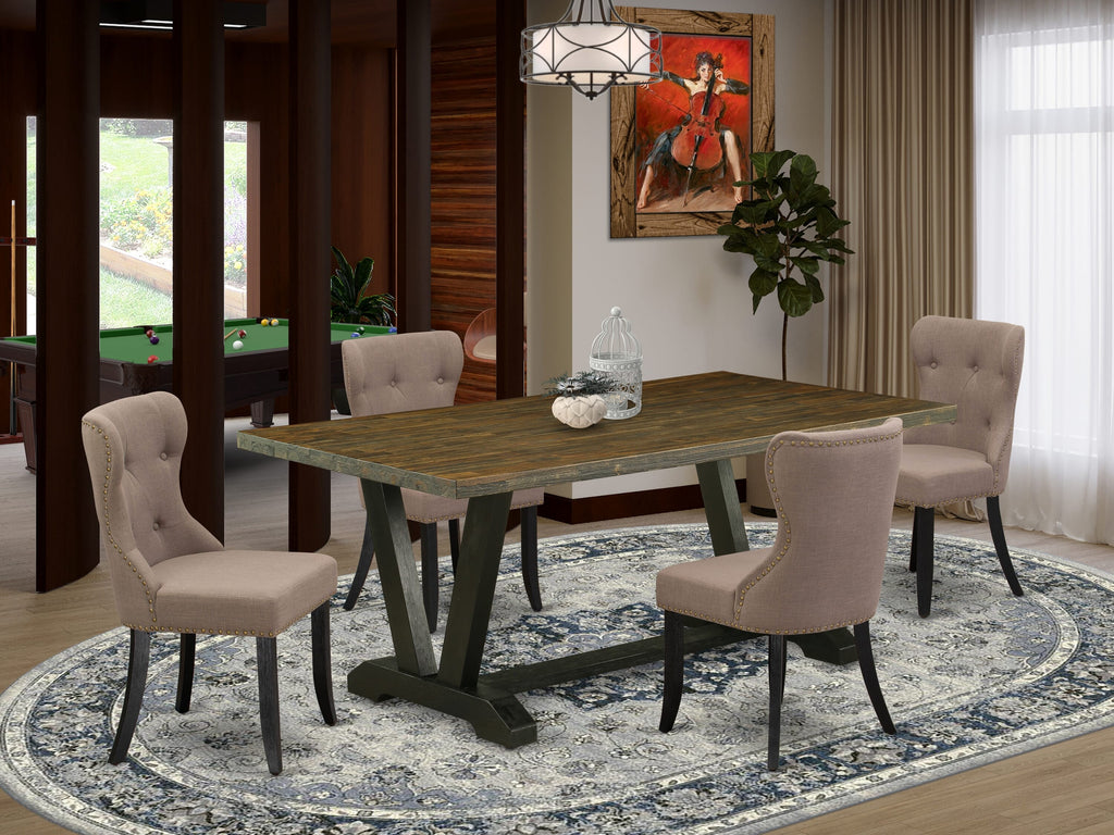 V677SOML9-3 Dining Ensemble Stylish V-Legged Table with Rectangle Top and Coffee Linen Parson Chairs for a Perfect Setting