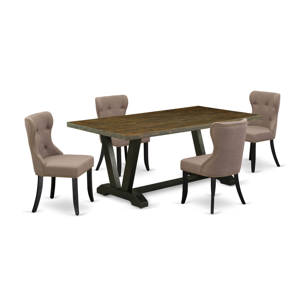 V677SOML9-3 Dining Ensemble Stylish V-Legged Table with Rectangle Top and Coffee Linen Parson Chairs for a Perfect Setting