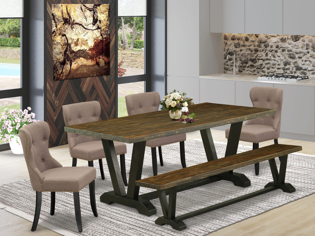 V677SVJQF-Y 6 Pc Dining Ensemble with V-Leg Table and 4 Parson Chairs & Bench, Multi-Color, 40x72