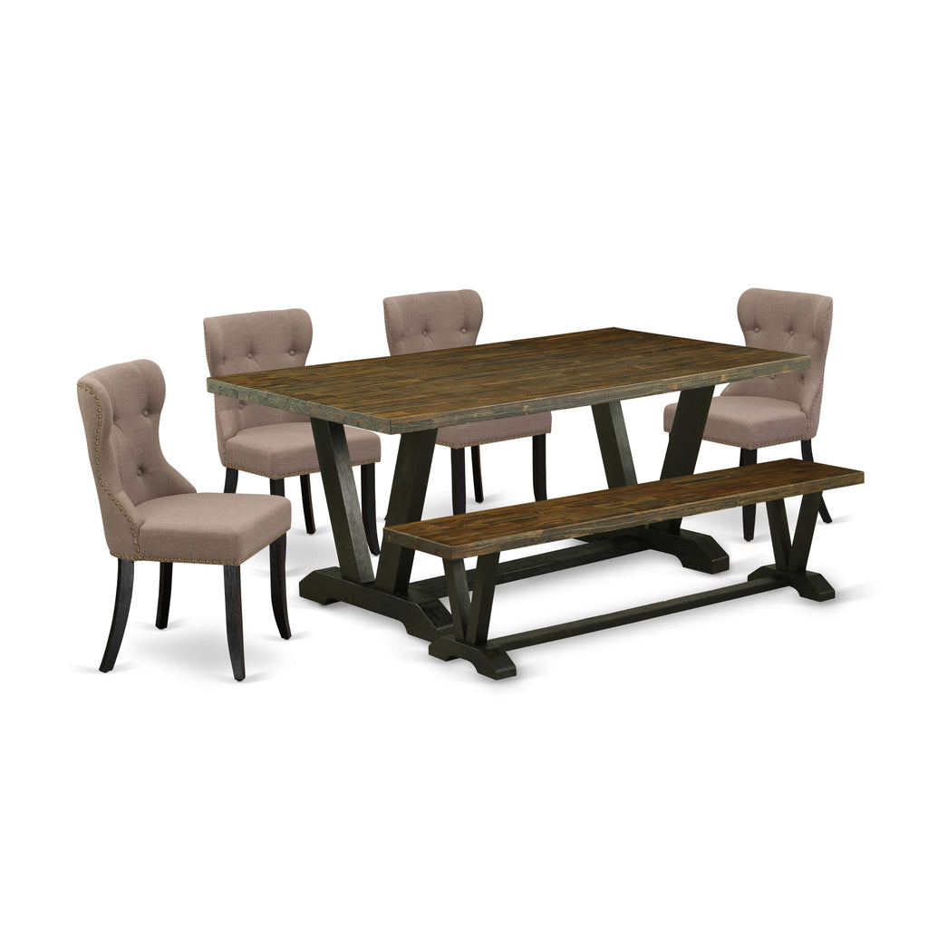V677SVJQF-Y 6 Pc Dining Ensemble with V-Leg Table and 4 Parson Chairs & Bench, Multi-Color, 40x72