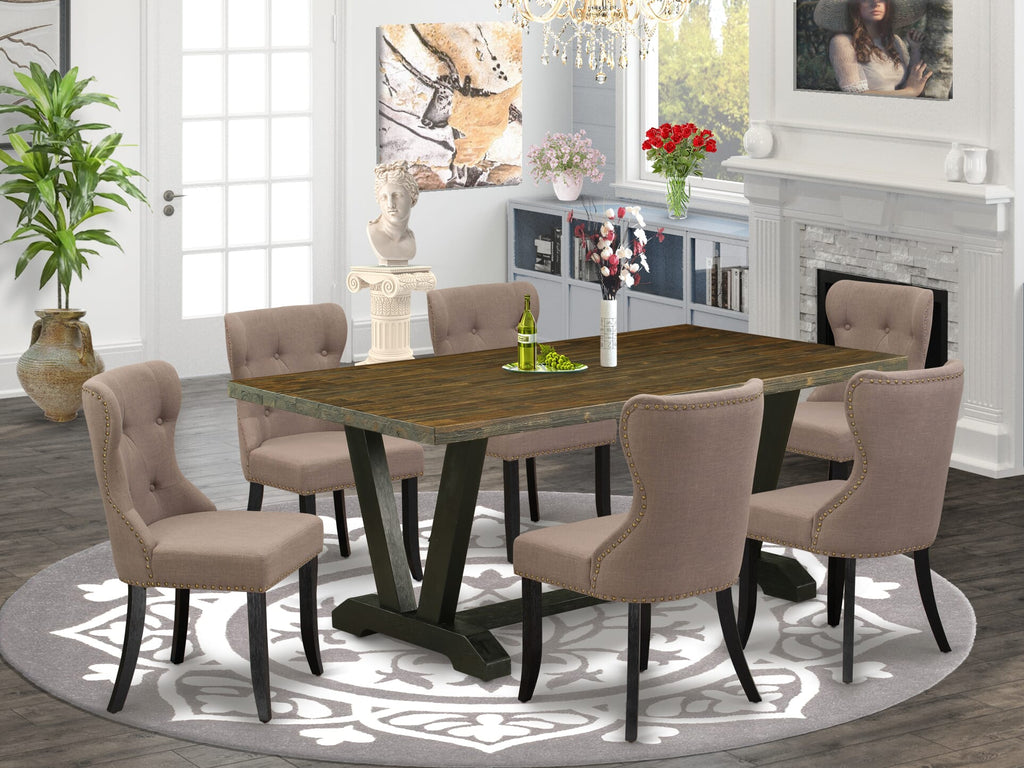 V677SOHPL-4 7 Piece Dining Collection with V-Legged Rectangle Table & 6 Coffee Linen Chairs, 40x72 Multicolor