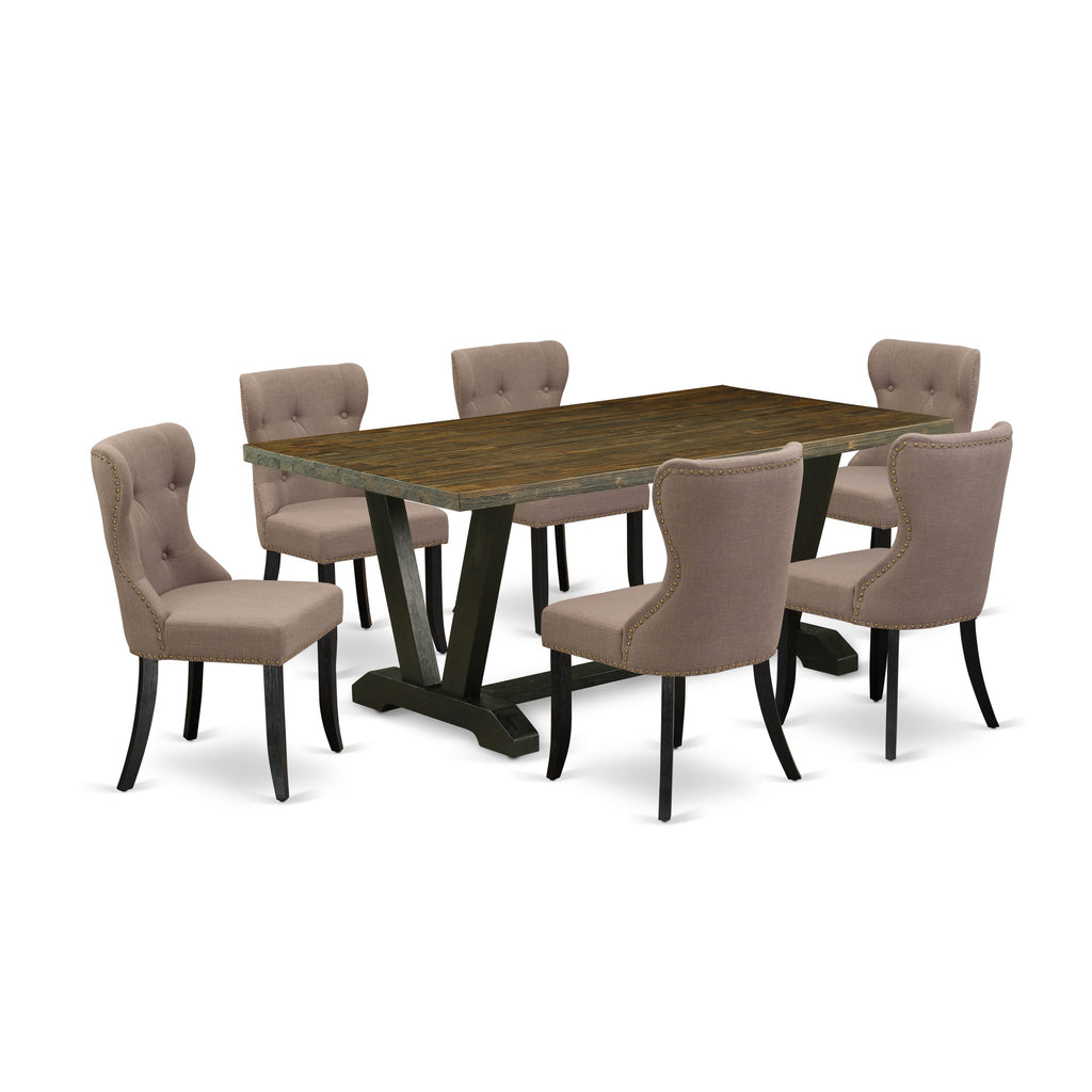 V677SOHPL-4 7 Piece Dining Collection with V-Legged Rectangle Table & 6 Coffee Linen Chairs, 40x72 Multicolor