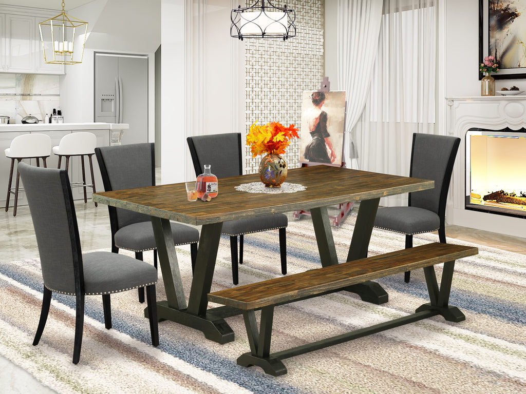 V677VKWID-I 6-Piece Dining Setup Rectangular Table & V-Leg Frame with Bench and 4 Gotham Linen Parson Chairs, Multi-Color Elegance, 40x72 Inch
