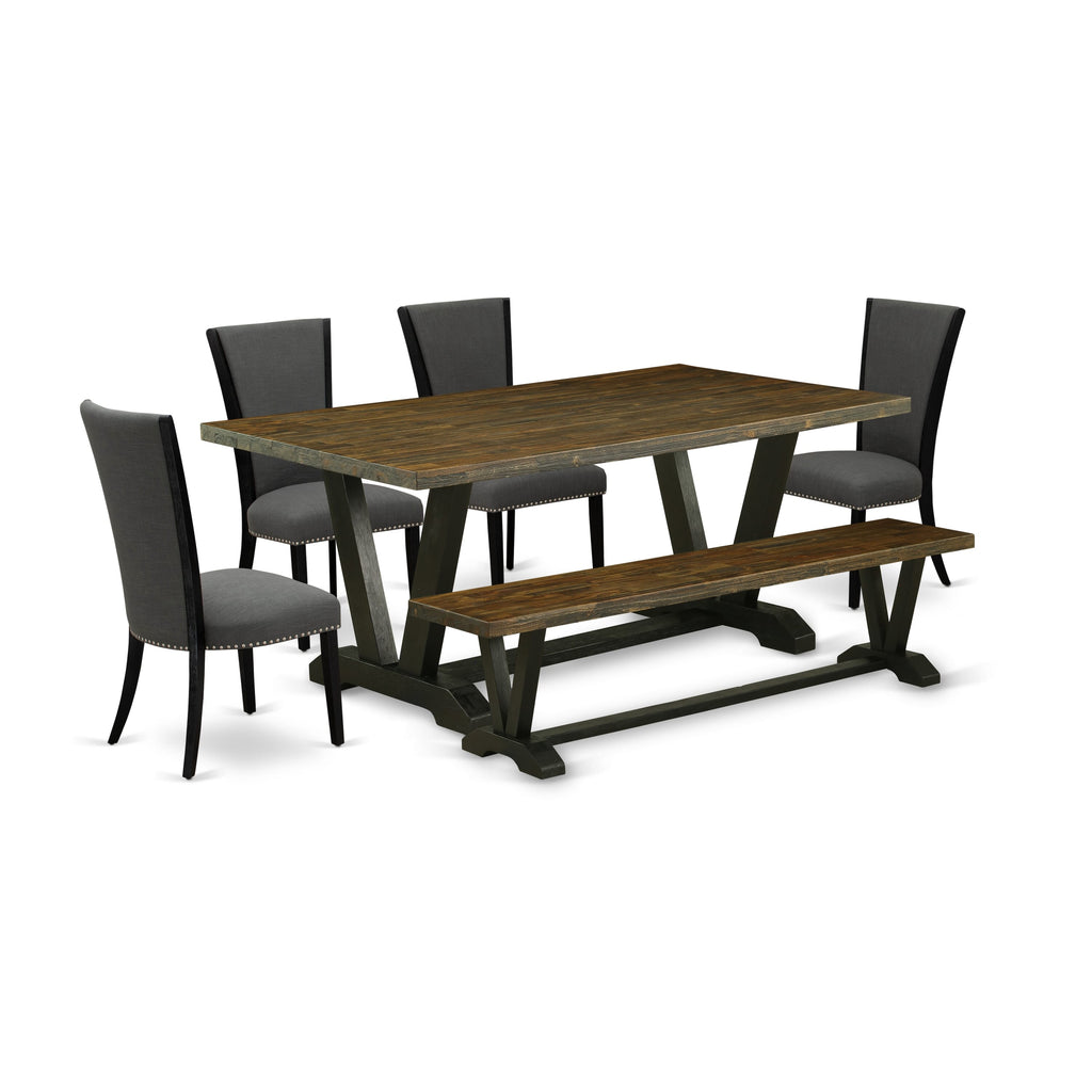 V677VKWID-I 6-Piece Dining Setup Rectangular Table & V-Leg Frame with Bench and 4 Gotham Linen Parson Chairs, Multi-Color Elegance, 40x72 Inch