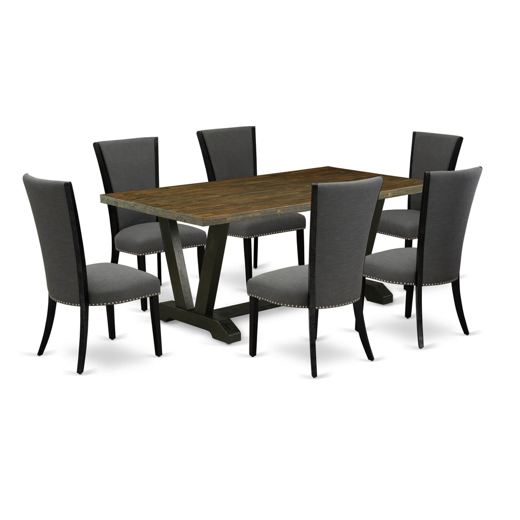 V677VLR1R-I 7Pc Dining Ensemble - 42x70 Rectangle Table with 6 Upholstered Chairs in Black & Jacobean Finish