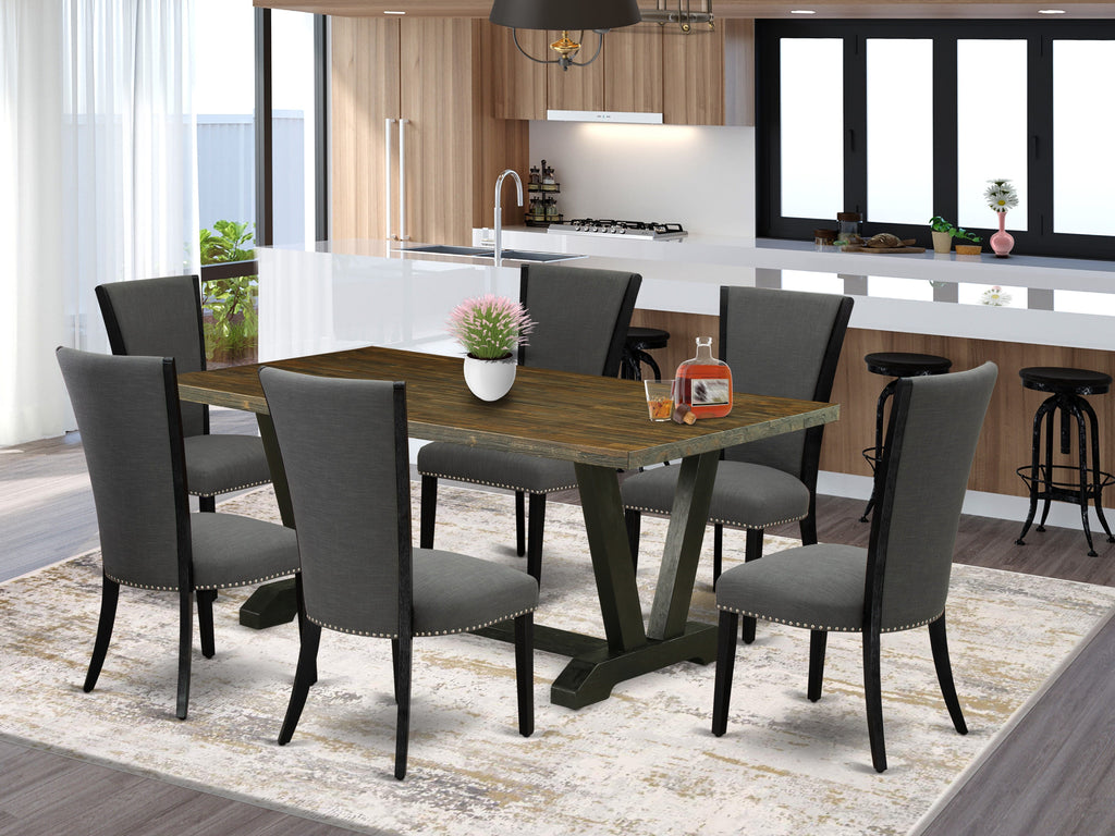 V677VLR1R-I 7Pc Dining Ensemble - 42x70 Rectangle Table with 6 Upholstered Chairs in Black & Jacobean Finish