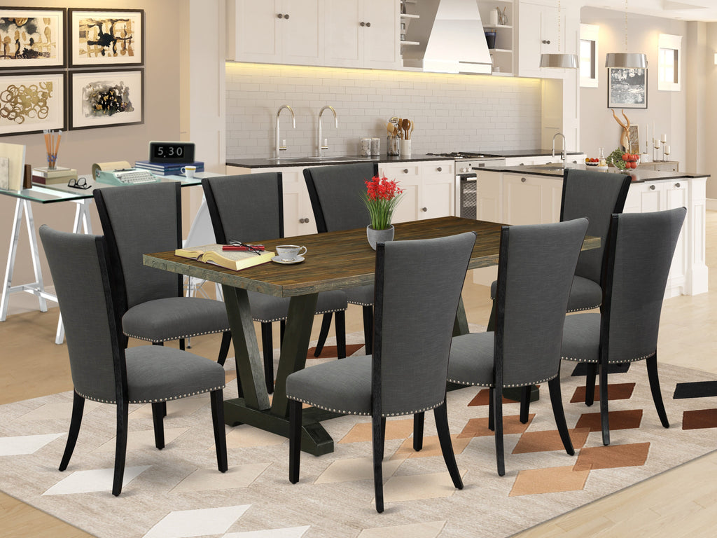 Dining Set with Rectangular Table V677VUHKL-A and 8 Chairs in Black & Jacobean