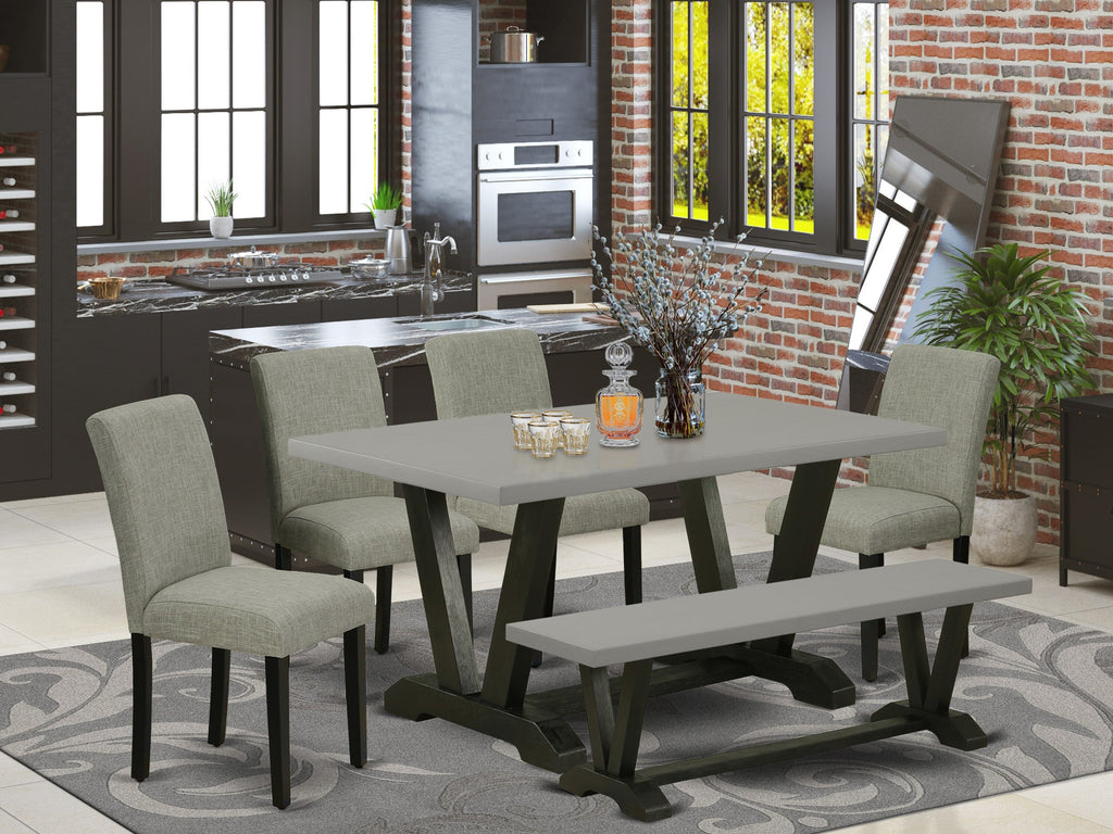 V696AIDUN-W Stylish 6-Piece Dining Set with V-Leg Table, Linen Chairs, and Bench, Multi-Color Elegance