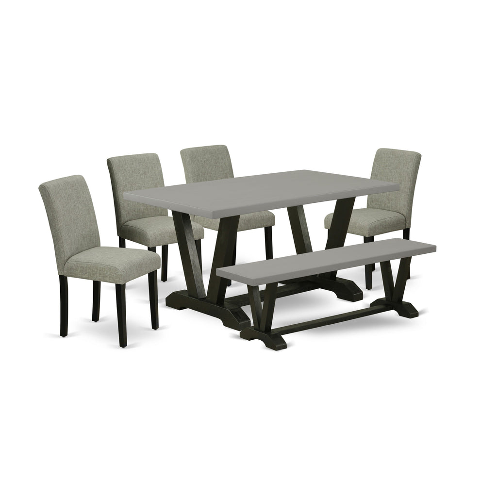V696AIDUN-W Stylish 6-Piece Dining Set with V-Leg Table, Linen Chairs, and Bench, Multi-Color Elegance