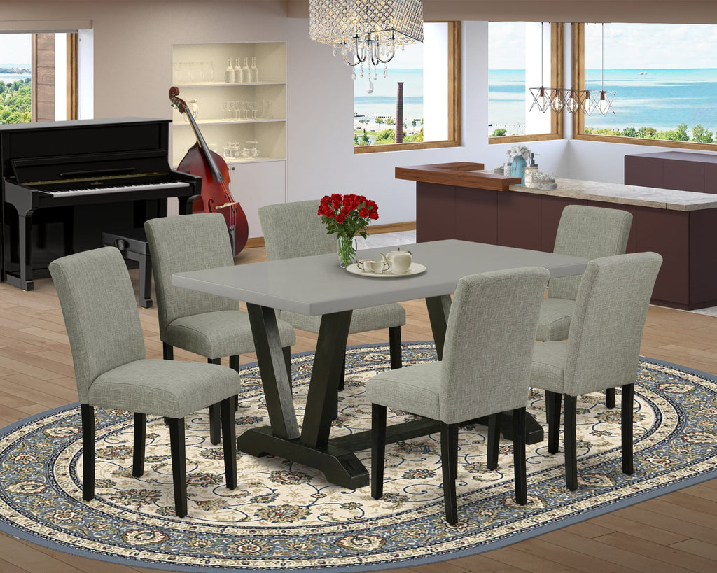 Transform Your Dining Space with V696ALF5O-B Ensemble Stylish Rectangle V-Leg Table & 6 Chic Shitake Fabric Chairs