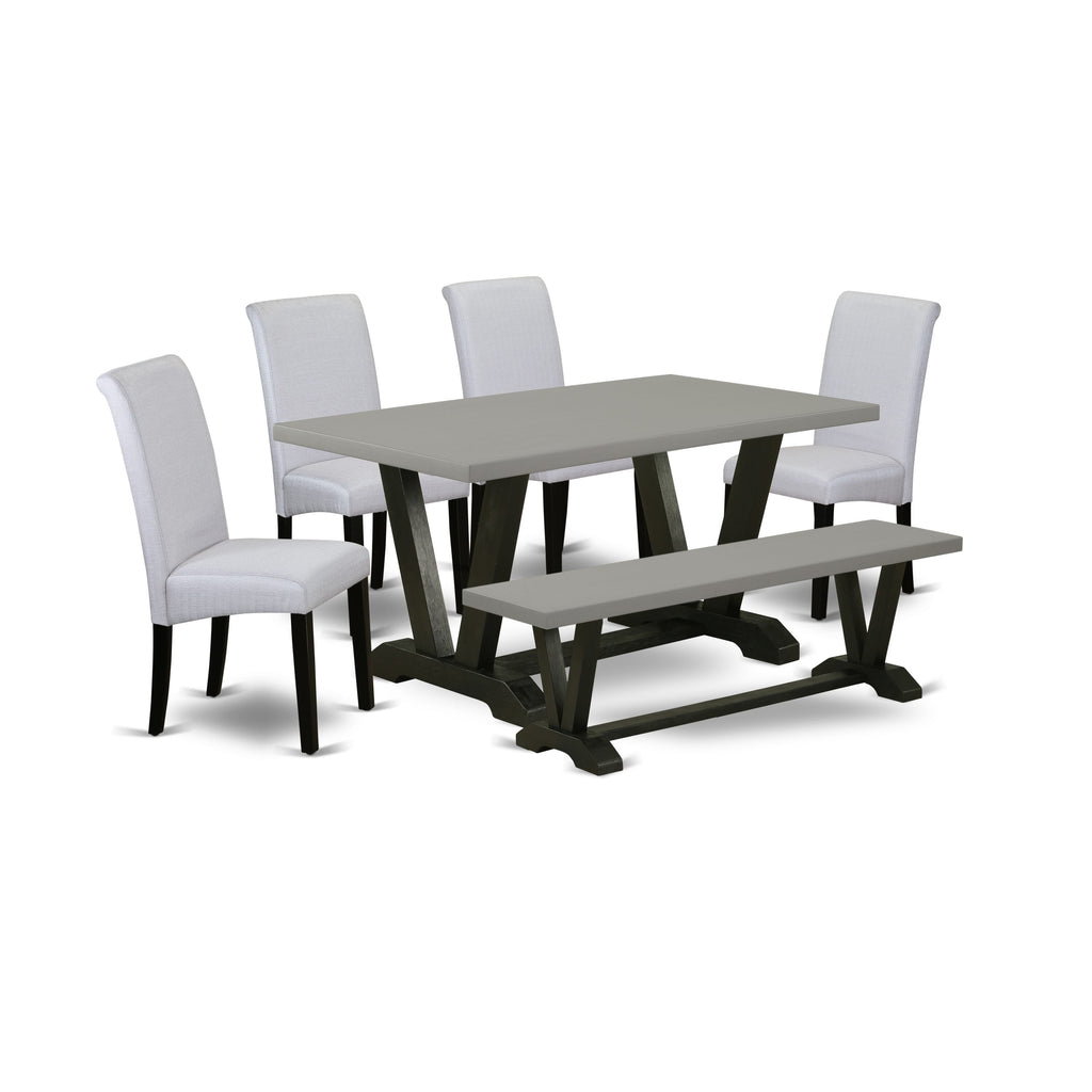 V696BMVAE-V Dining Set Rectangle Table, 4 Elegant Parson Chairs, Bench - Black & Cement Fashion