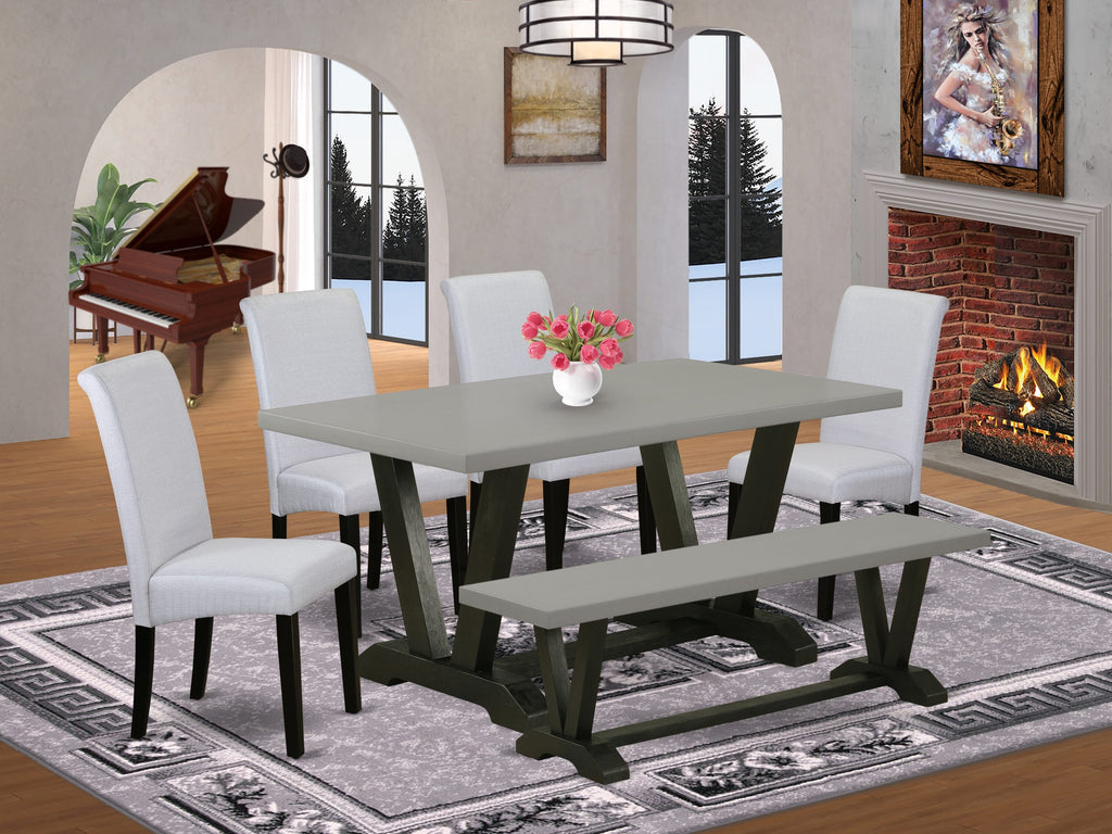 V696BMVAE-V Dining Set Rectangle Table, 4 Elegant Parson Chairs, Bench - Black & Cement Fashion