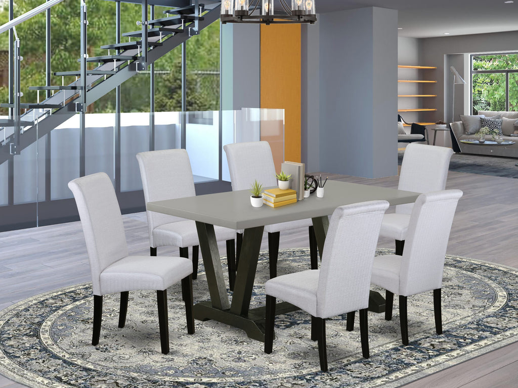 Chic Dining Set V696B0YC0-Y 7-Piece Ensemble with V-Leg Table & Grey Upholstered Chairs for Your Kitchen, 36'' x 60'' Multi-Tone