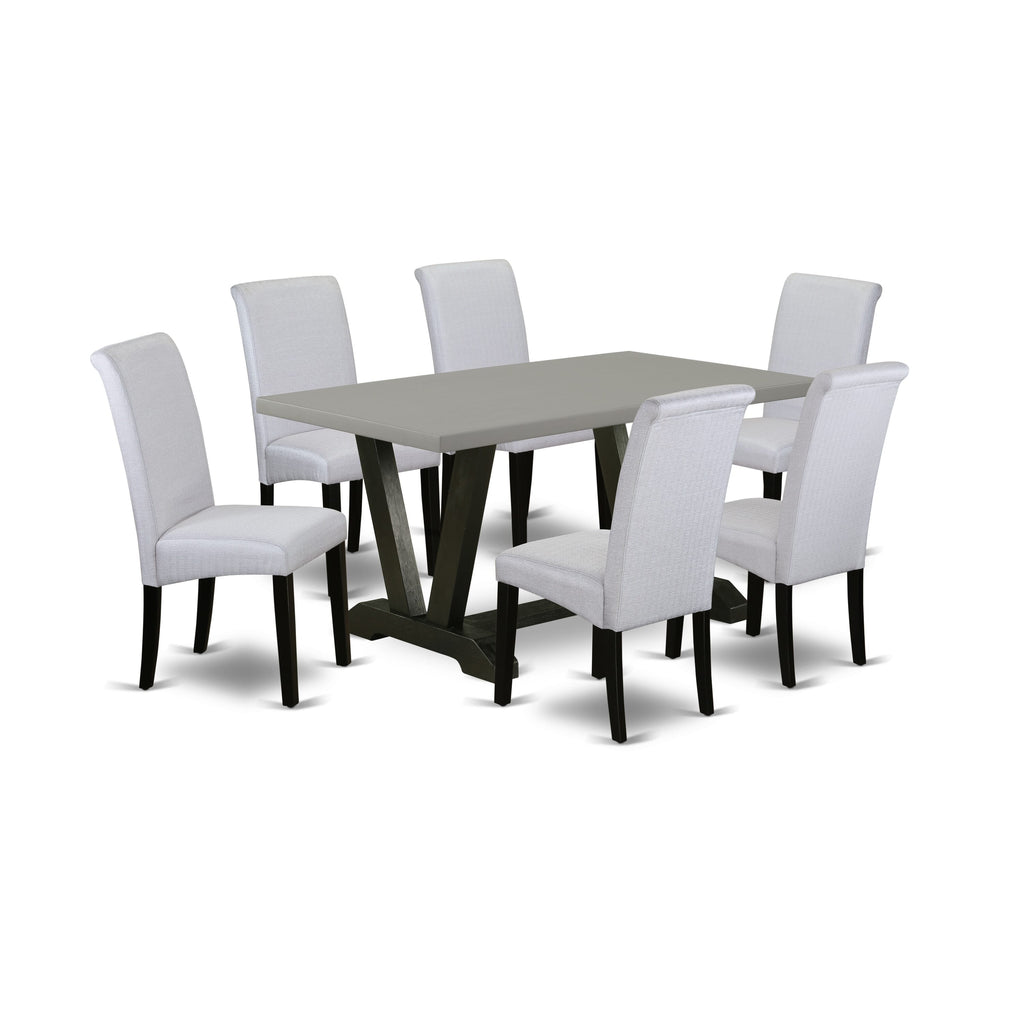 Chic Dining Set V696B0YC0-Y 7-Piece Ensemble with V-Leg Table & Grey Upholstered Chairs for Your Kitchen, 36'' x 60'' Multi-Tone