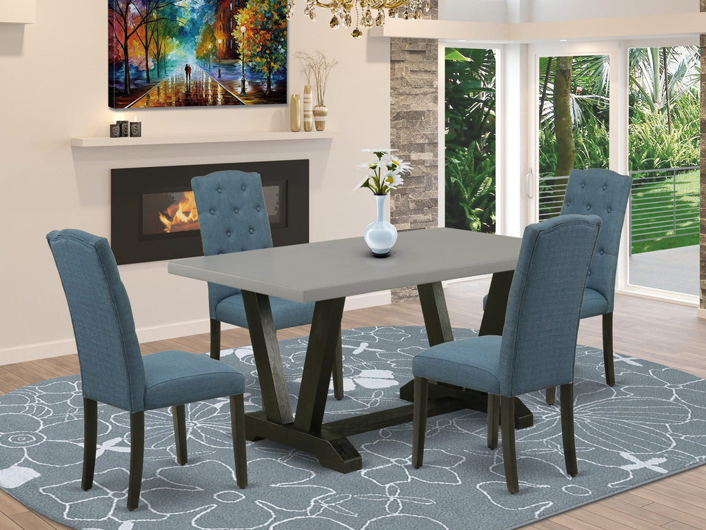V696C7PK9-Q Dining Ensemble V-Leg Table with Blue Upholstered Parson Seats, 5-PC Set