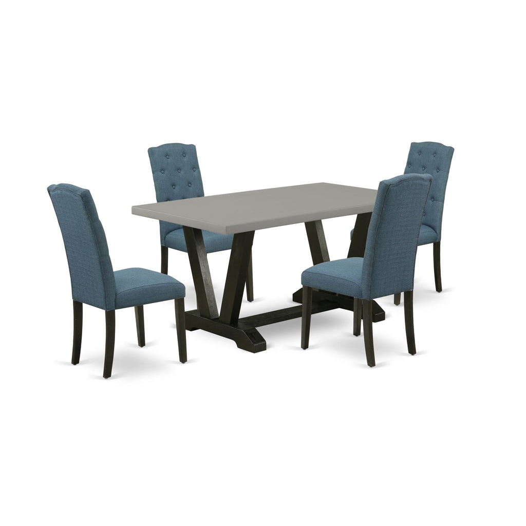 V696C7PK9-Q Dining Ensemble V-Leg Table with Blue Upholstered Parson Seats, 5-PC Set