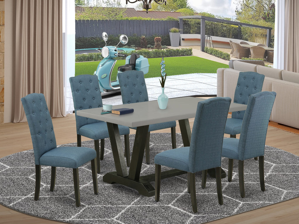 V696CE7VQ-C Unique 7-Piece Dining Ensemble Featuring a Rectangle Table with V-Legs and Six Mineral Blue Parson Chairs, 36x60 Inch, Multicolor
