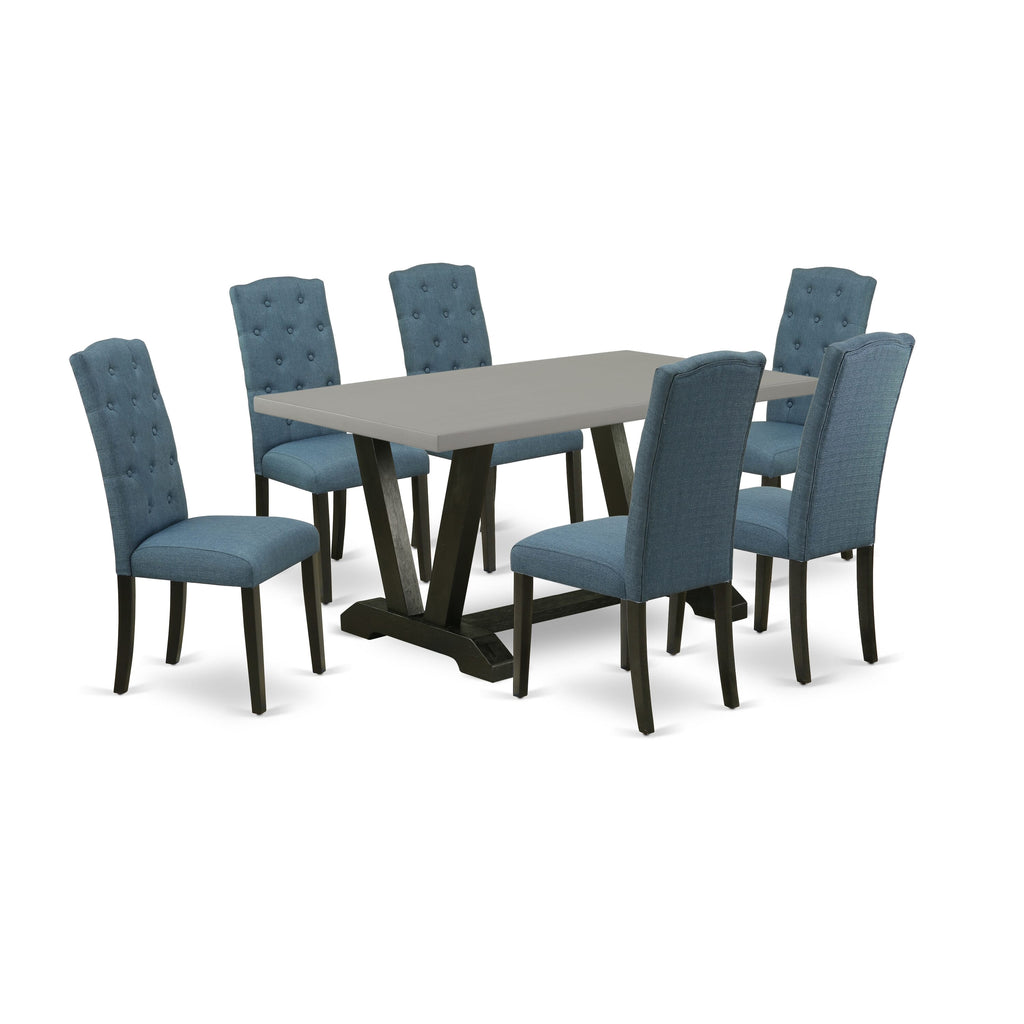 V696CE7VQ-C Unique 7-Piece Dining Ensemble Featuring a Rectangle Table with V-Legs and Six Mineral Blue Parson Chairs, 36x60 Inch, Multicolor