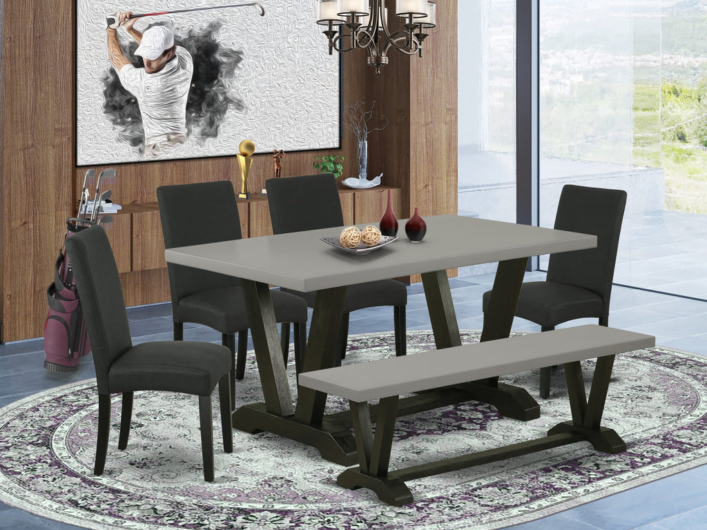 V696D786B-B Dining Ensemble Rectangular Table with V-Legs and 4 Linen Parson Chairs and Bench - Multi-Color