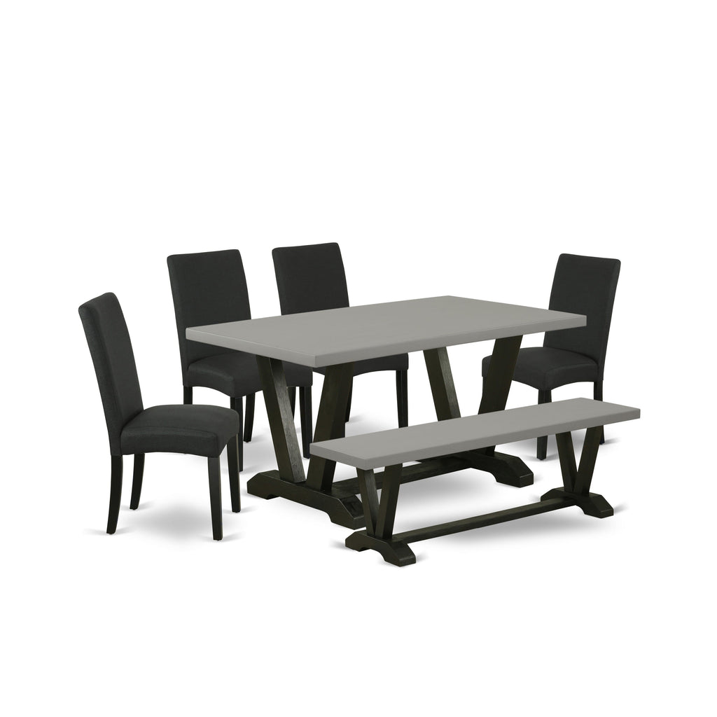 V696D786B-B Dining Ensemble Rectangular Table with V-Legs and 4 Linen Parson Chairs and Bench - Multi-Color