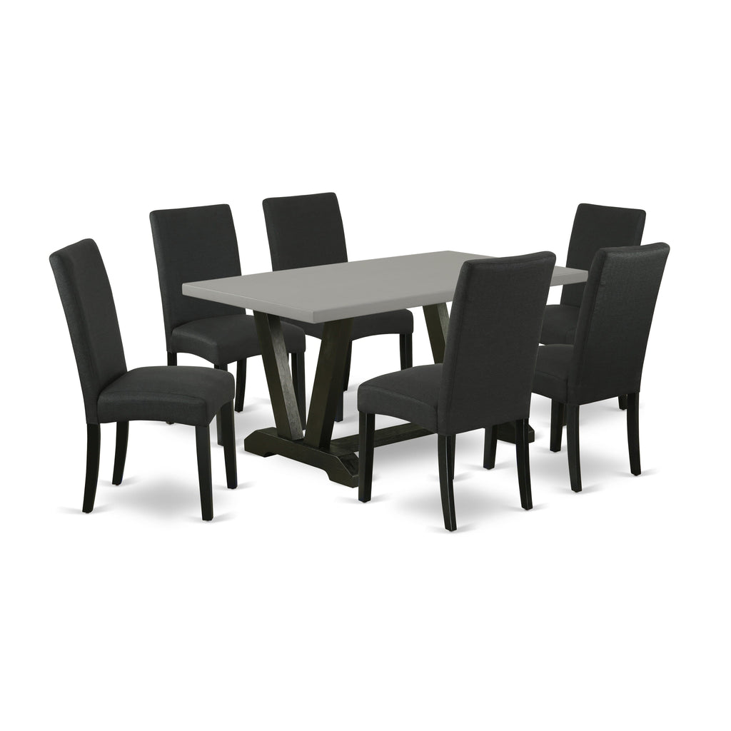 V696DX0US-D Stylish Ensemble 7-Piece Set with V-Legged Table and 6 Upholstered Chairs, Black Fabric