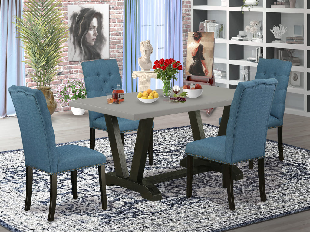 V696EJH6V-N 5-Piece Dining Arrangement Set With Stylish V-Legs And 4 Elegant Blue Fabric Chairs, 36x60, Multi-Color