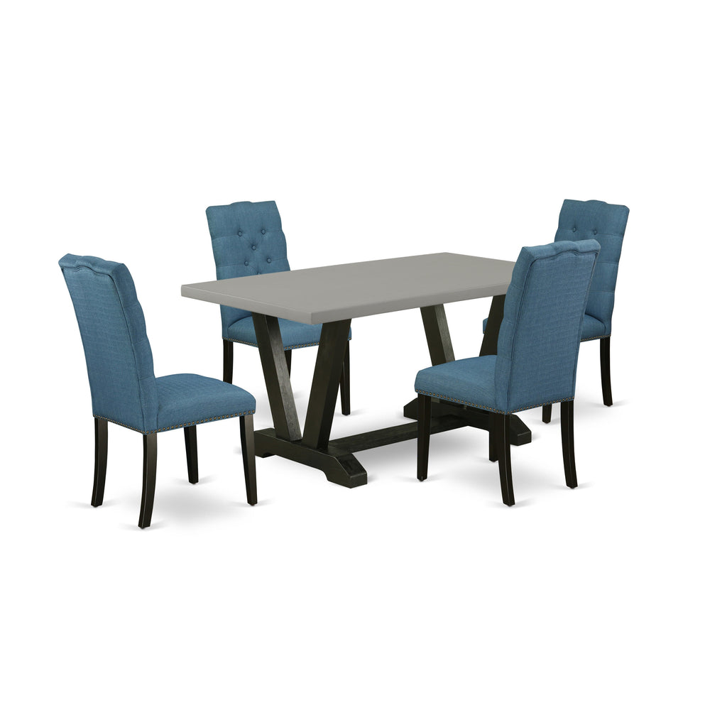 V696EJH6V-N 5-Piece Dining Arrangement Set With Stylish V-Legs And 4 Elegant Blue Fabric Chairs, 36x60, Multi-Color