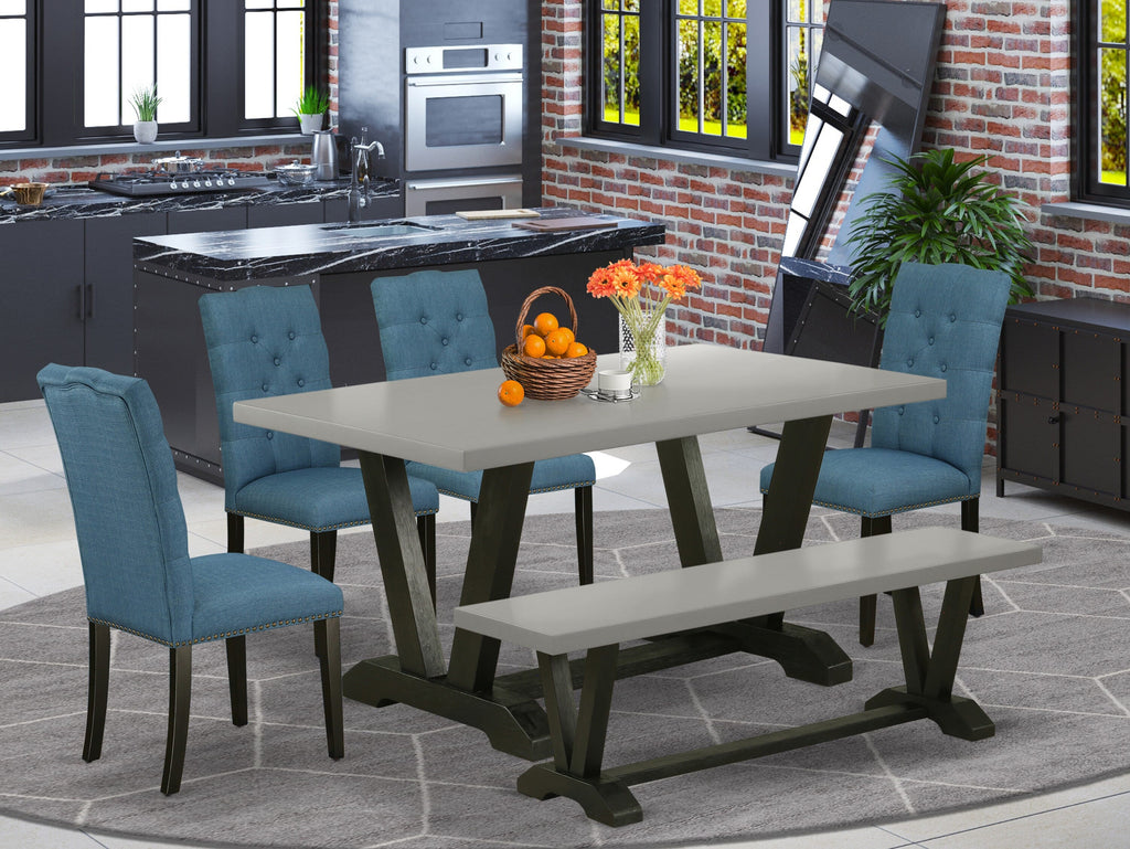V696EWOAL-G Dining Set 6-Piece Collection with Rectangular Table, V-Legs, 4 Blue Parsons Chairs, and Bench