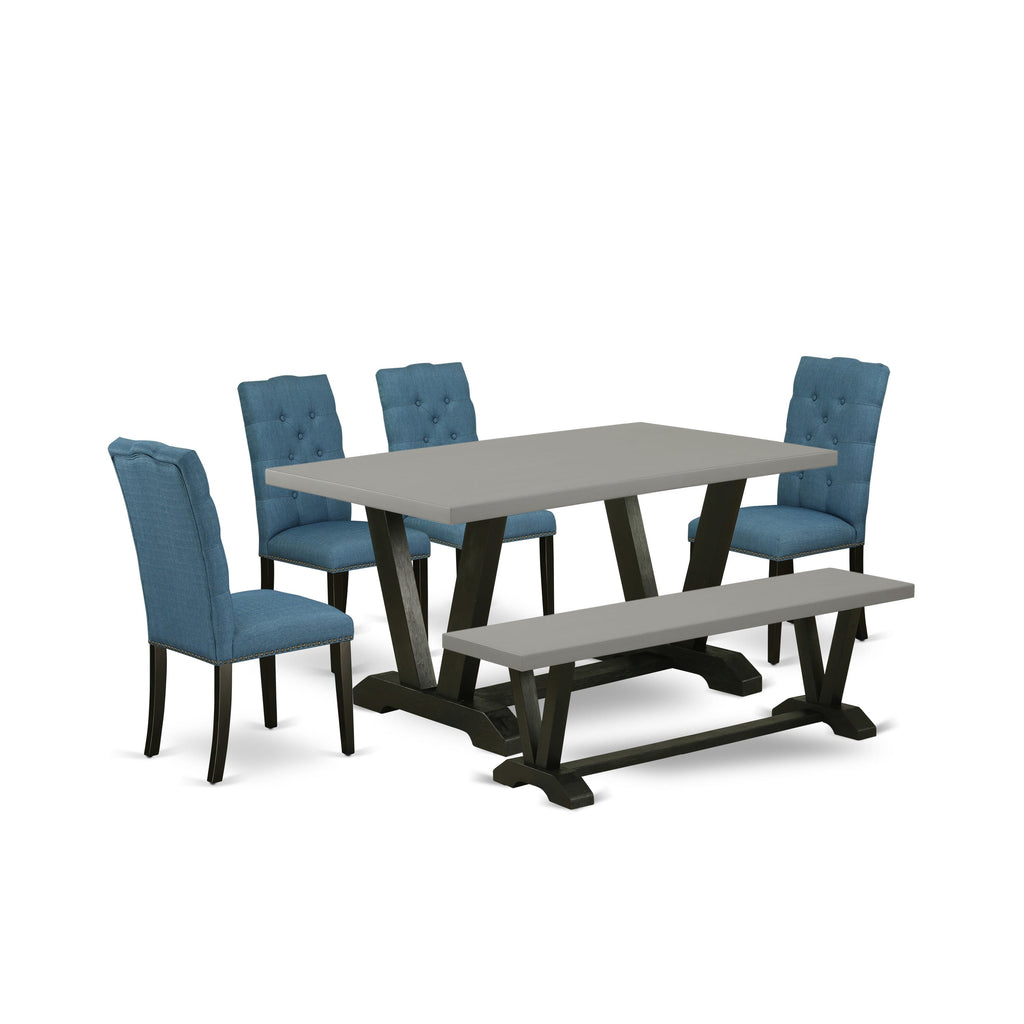 V696EWOAL-G Dining Set 6-Piece Collection with Rectangular Table, V-Legs, 4 Blue Parsons Chairs, and Bench