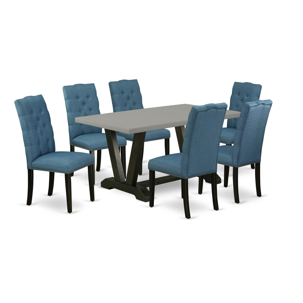 V696E6NIX-O 7-Piece Dining Set V-Legged Table with 6 Elegant Blue Linen Parsons Chairs, 36x60 Multi-Color