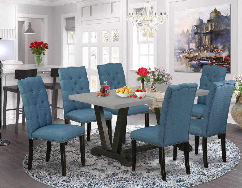 V696E6NIX-O 7-Piece Dining Set V-Legged Table with 6 Elegant Blue Linen Parsons Chairs, 36x60 Multi-Color